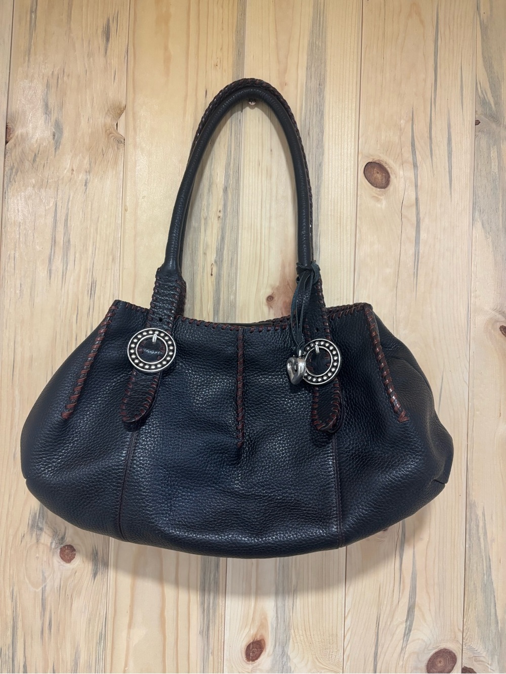 Brighton Black Leather Shoulder Bag with Brown Stitching